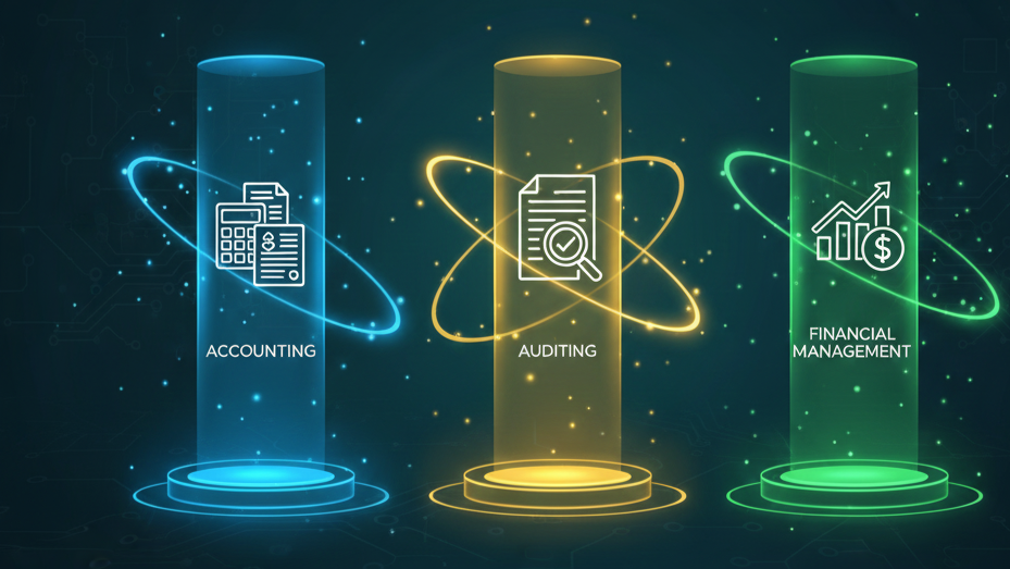 Accounting Audit Finance pillars: Three glowing concepts representing financial control, auditing, and management for business success.